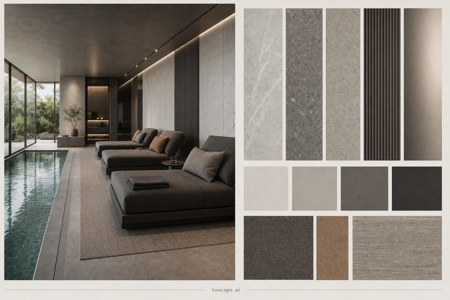 Modern Cool Neutral Pool Lounge — Matte interior moodboard plate