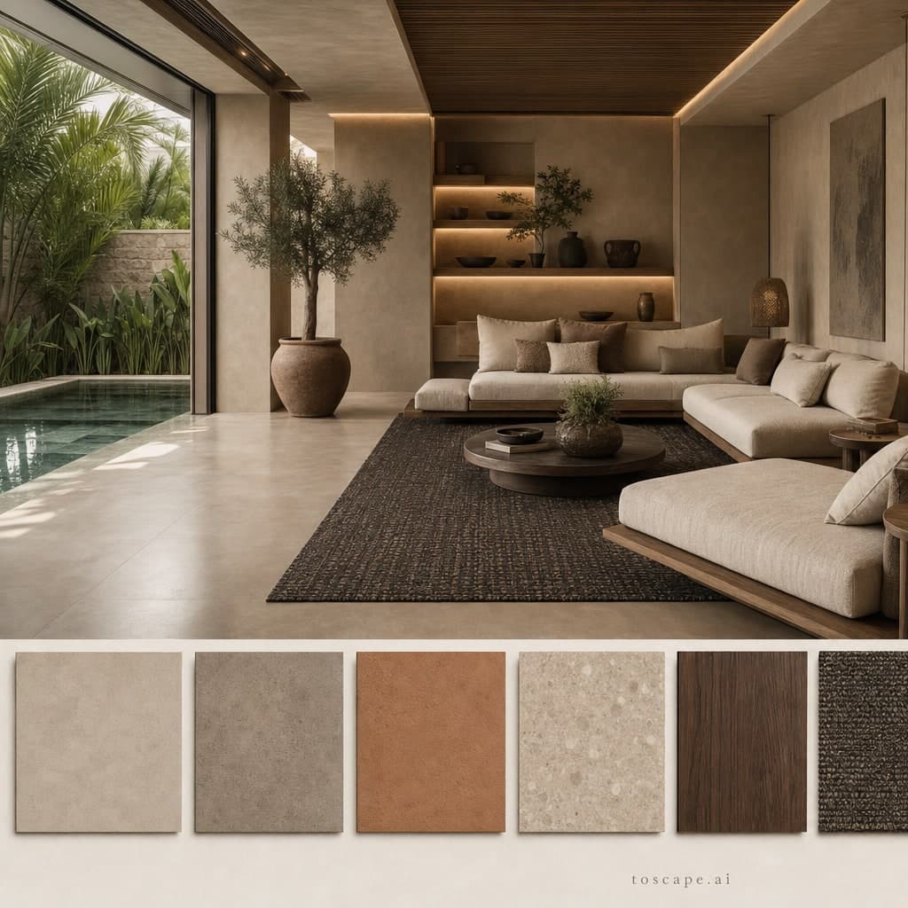 Modern Earth Organic Pool Lounge — Brushed Metal interior moodboard card