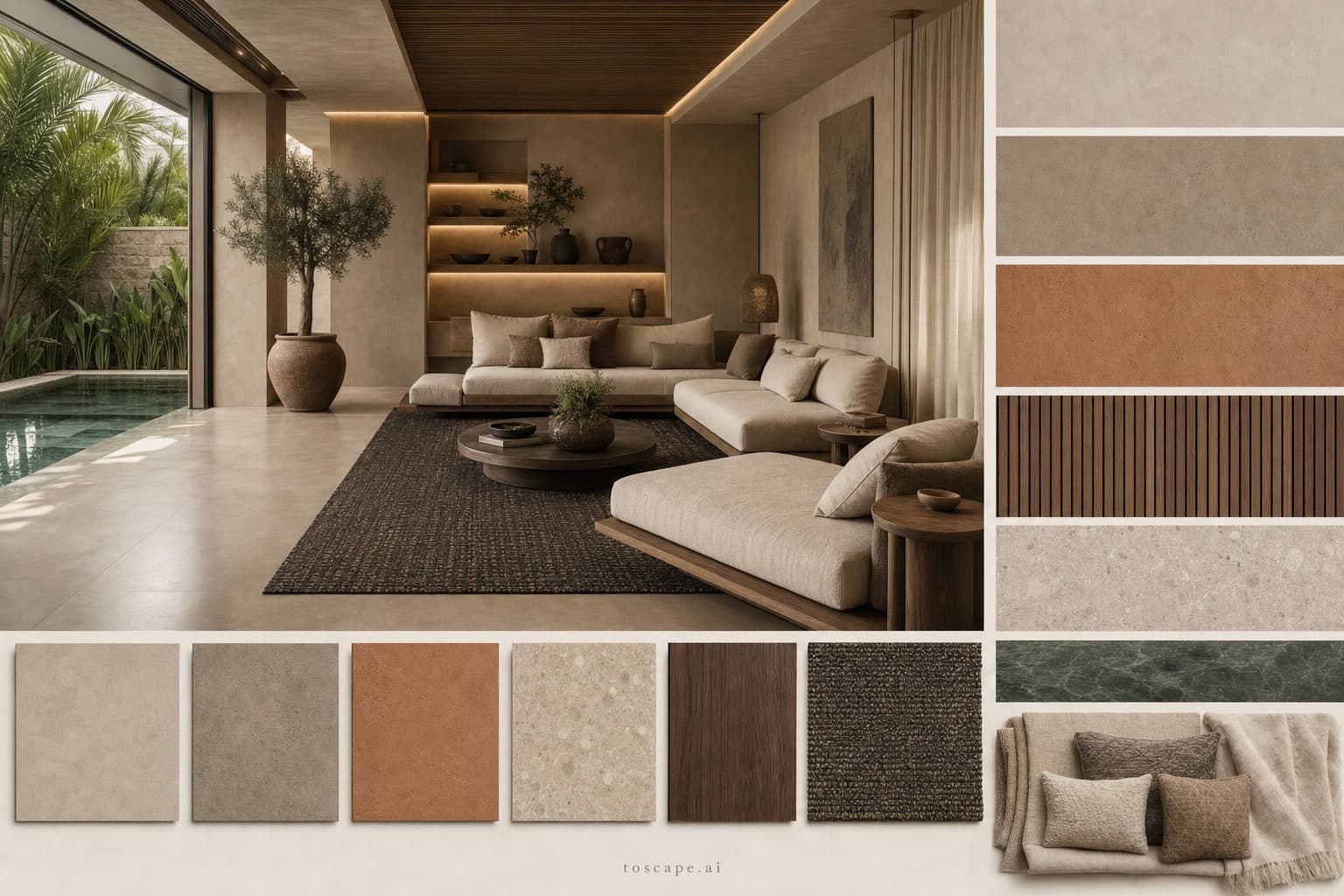 Modern Earth Organic Pool Lounge — Brushed Metal interior moodboard plate
