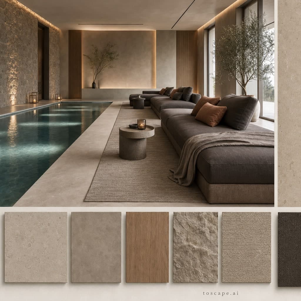 Modern Earth Organic Pool Lounge — Matte interior moodboard card