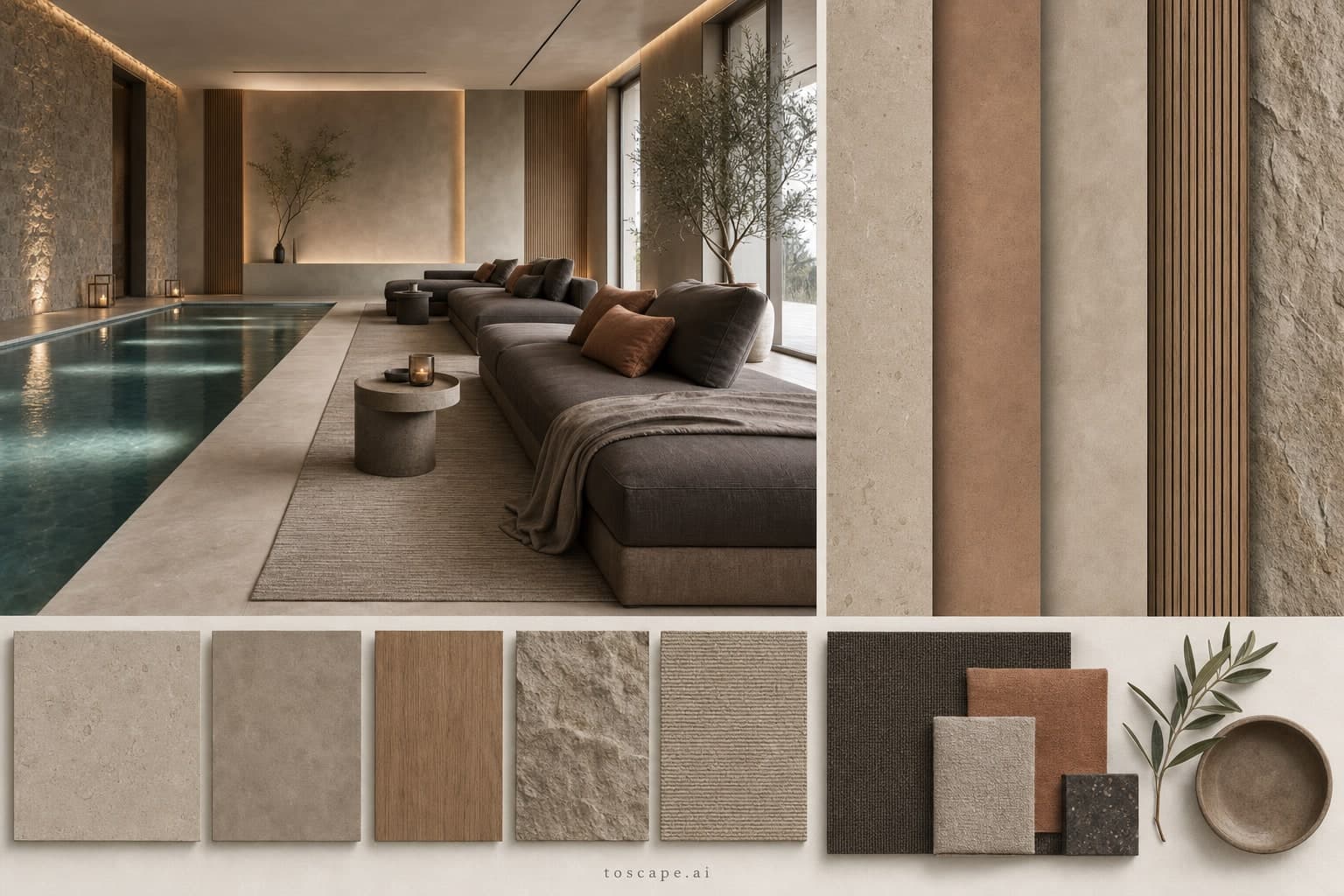 Modern Earth Organic Pool Lounge — Matte interior moodboard plate