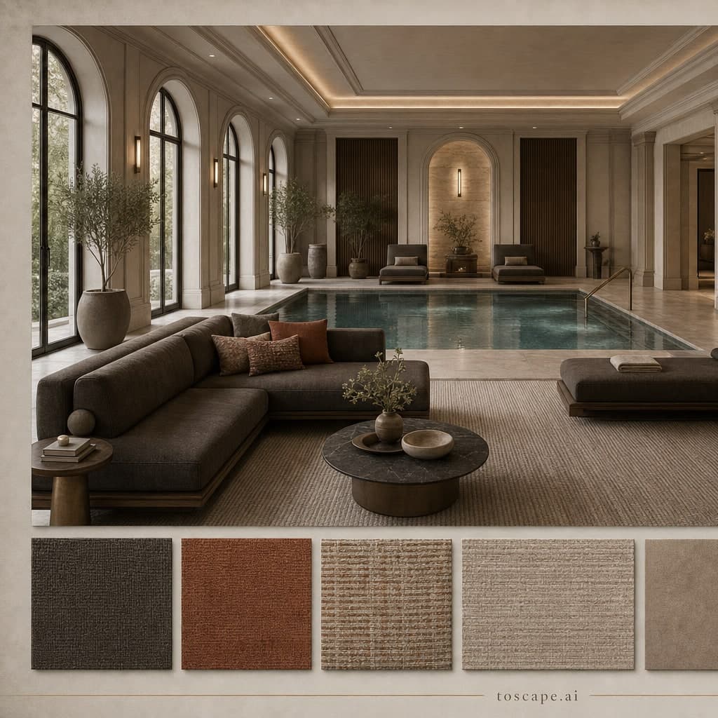 Neoclassic Earth Organic Pool Lounge — Brushed Metal interior moodboard card