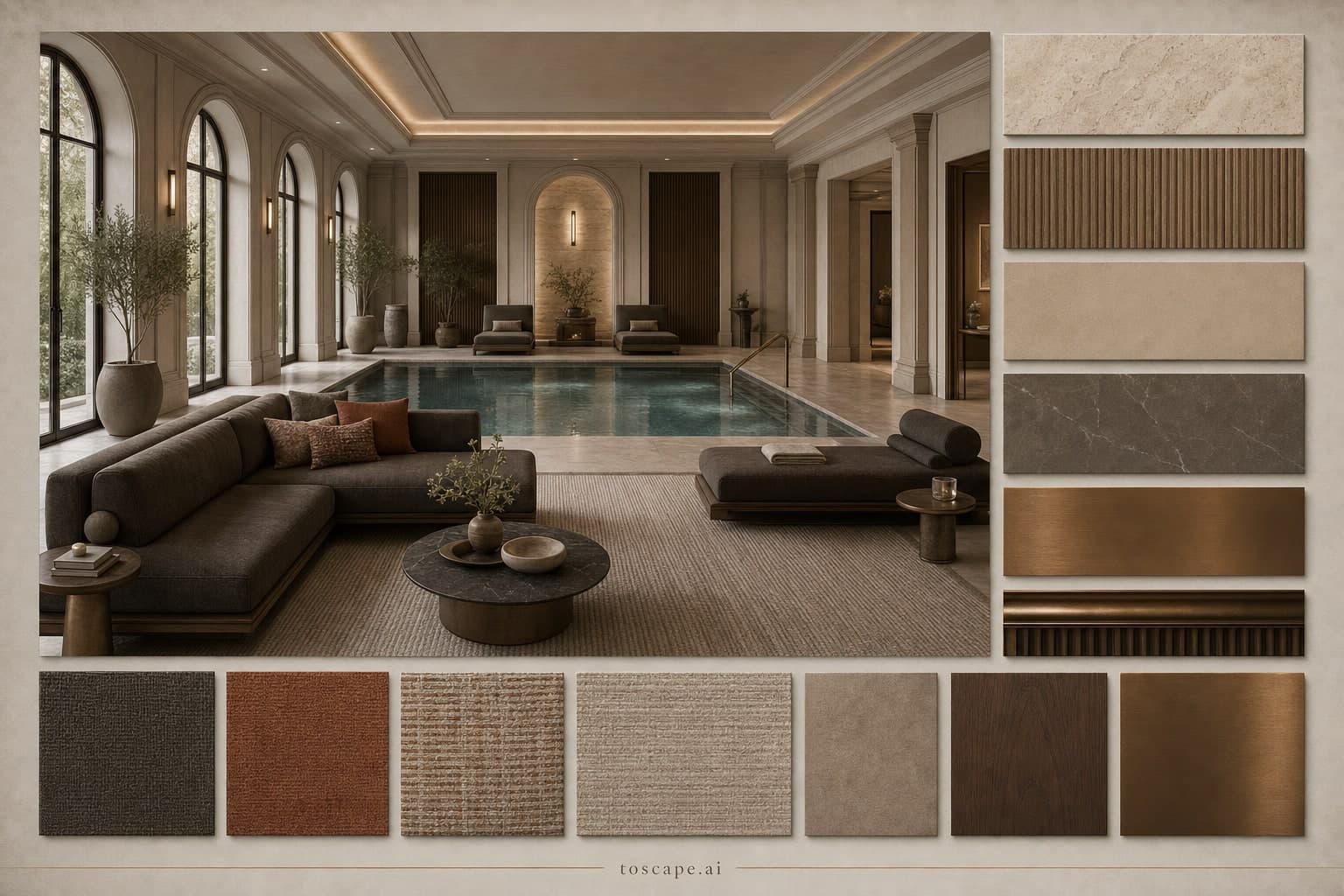 Neoclassic Earth Organic Pool Lounge — Brushed Metal interior moodboard plate