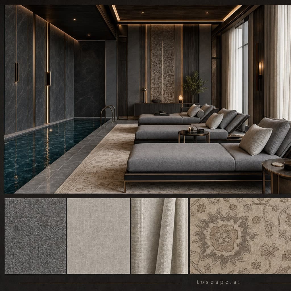 Modern Dark Luxury Pool Lounge — Honed Stone interior moodboard card