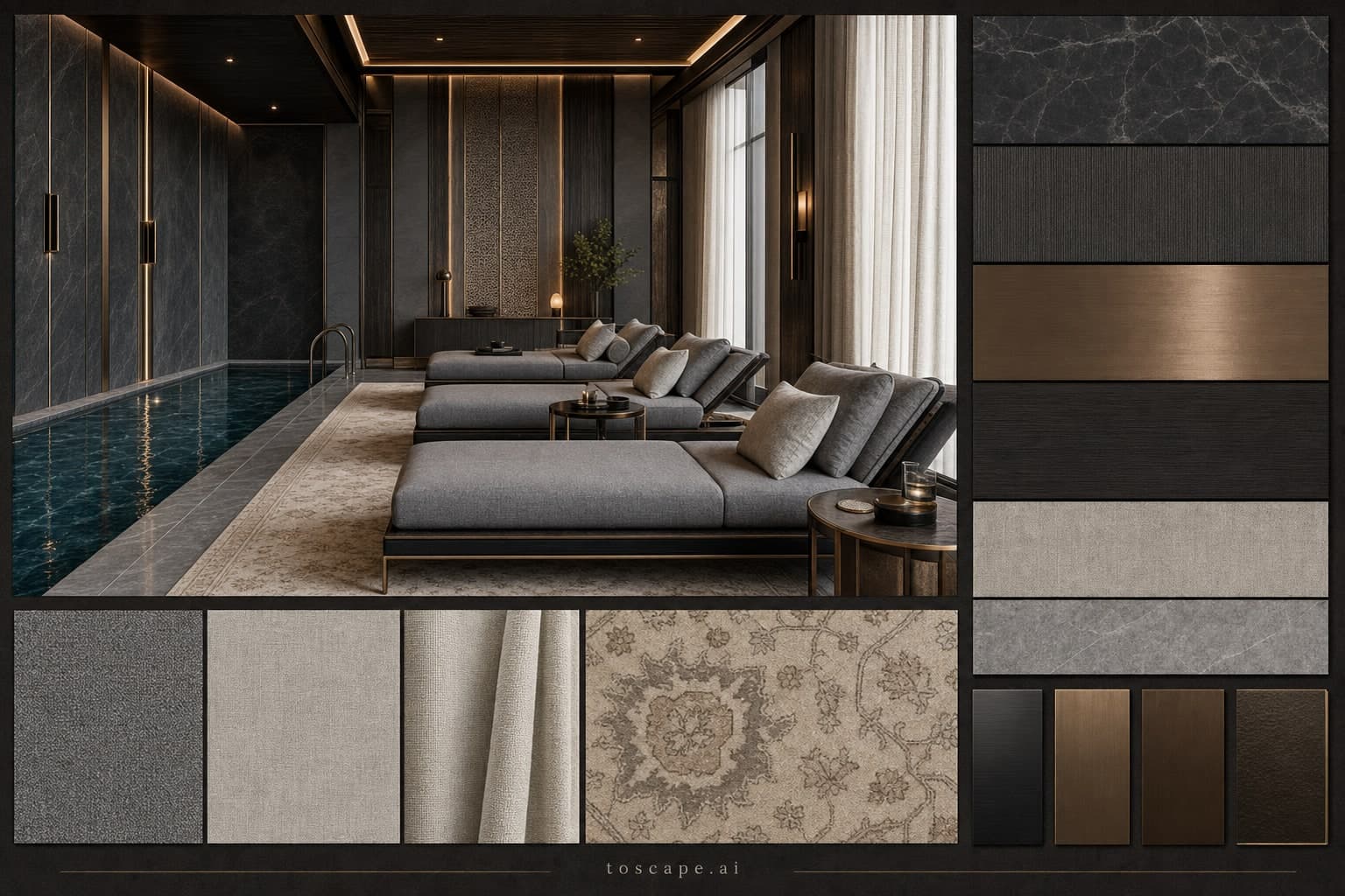 Modern Dark Luxury Pool Lounge — Honed Stone interior moodboard plate
