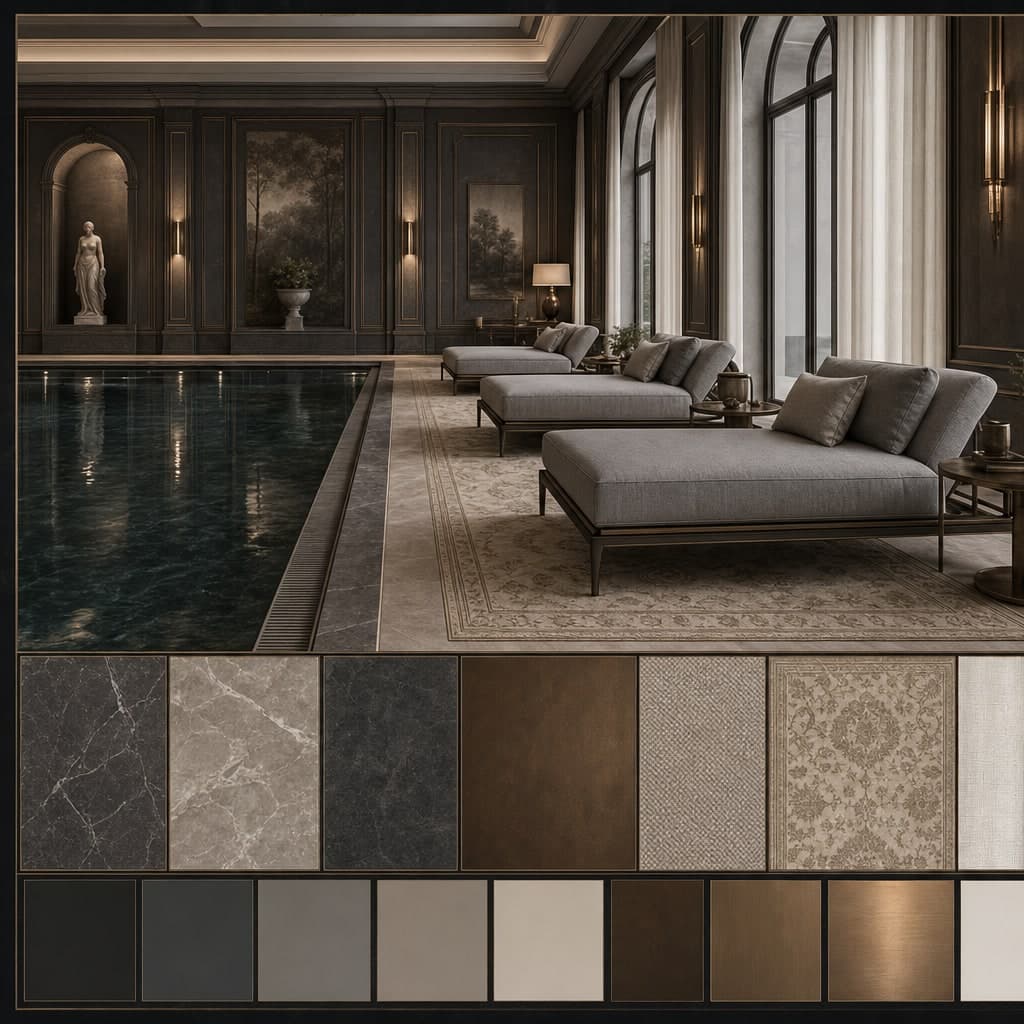 Neoclassic Dark Luxury Pool Lounge — Satin interior moodboard card