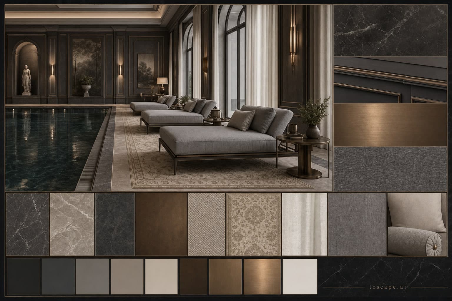 Neoclassic Dark Luxury Pool Lounge — Satin interior moodboard plate