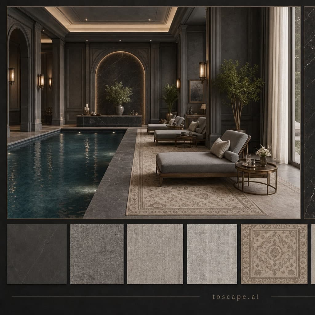 Neoclassic Dark Luxury Pool Lounge — Satin interior moodboard card