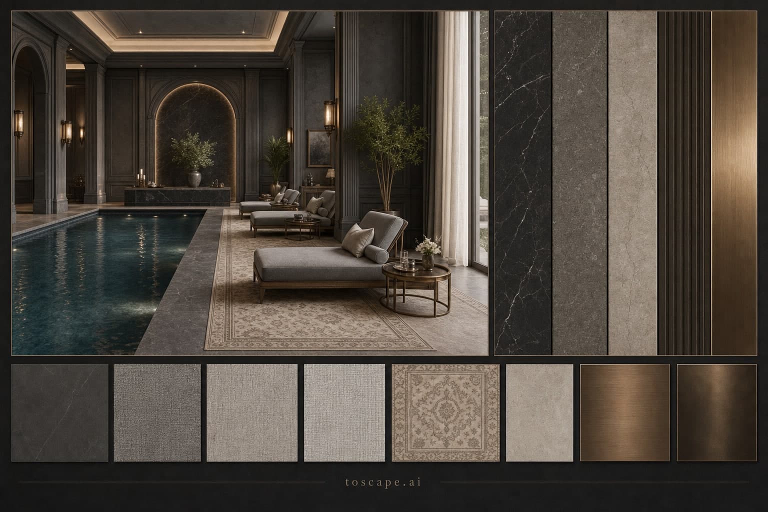 Neoclassic Dark Luxury Pool Lounge — Satin interior moodboard plate