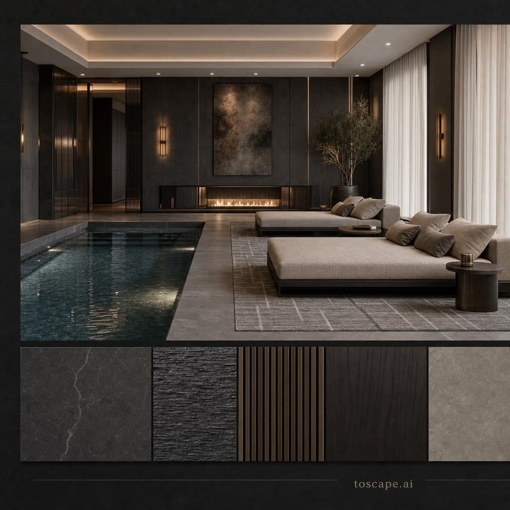 Modern Dark Luxury Pool Lounge — Satin interior moodboard card