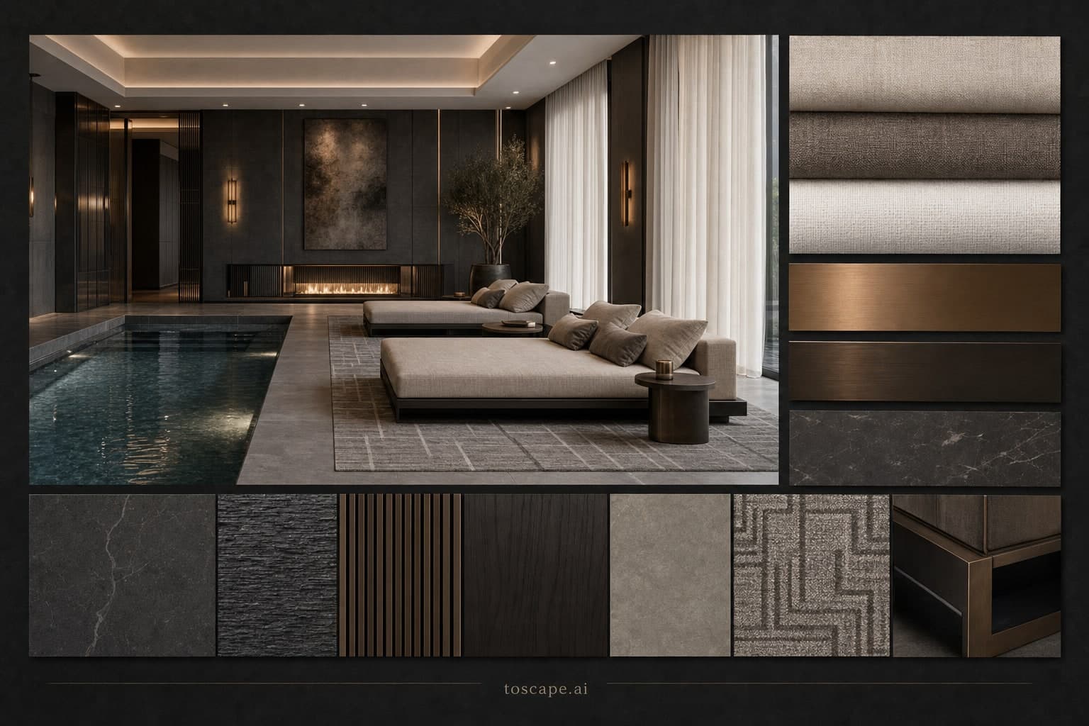 Modern Dark Luxury Pool Lounge — Satin interior moodboard plate