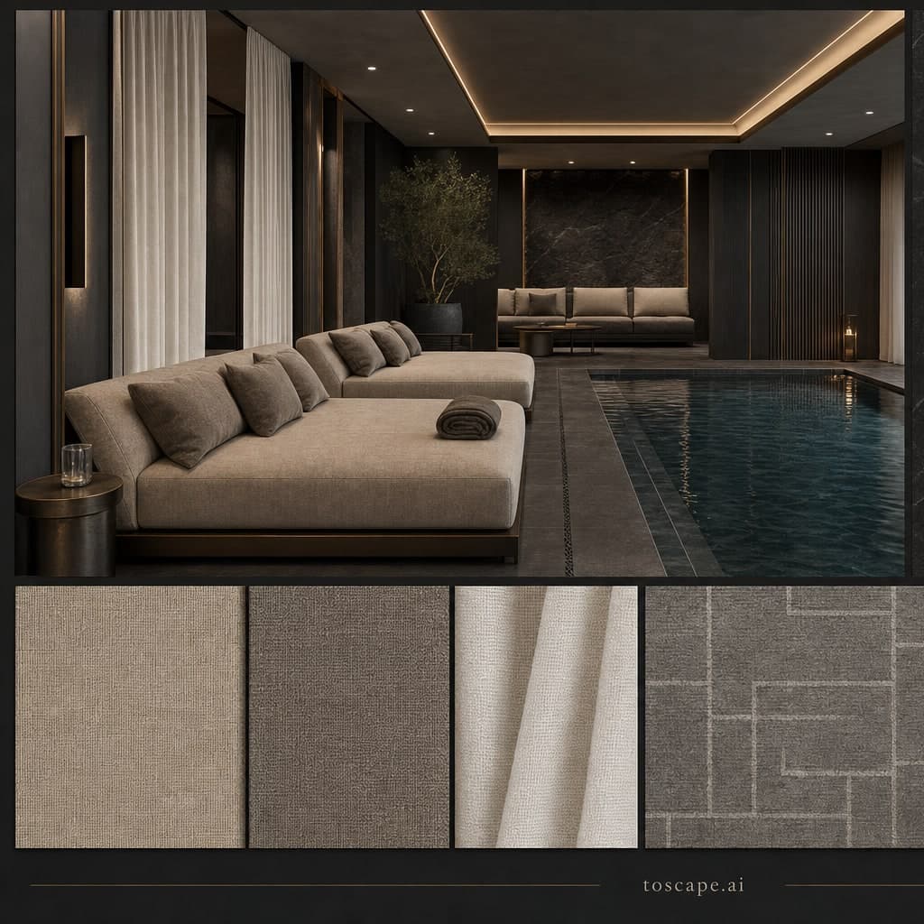 Modern Dark Luxury Pool Lounge — Satin interior moodboard card