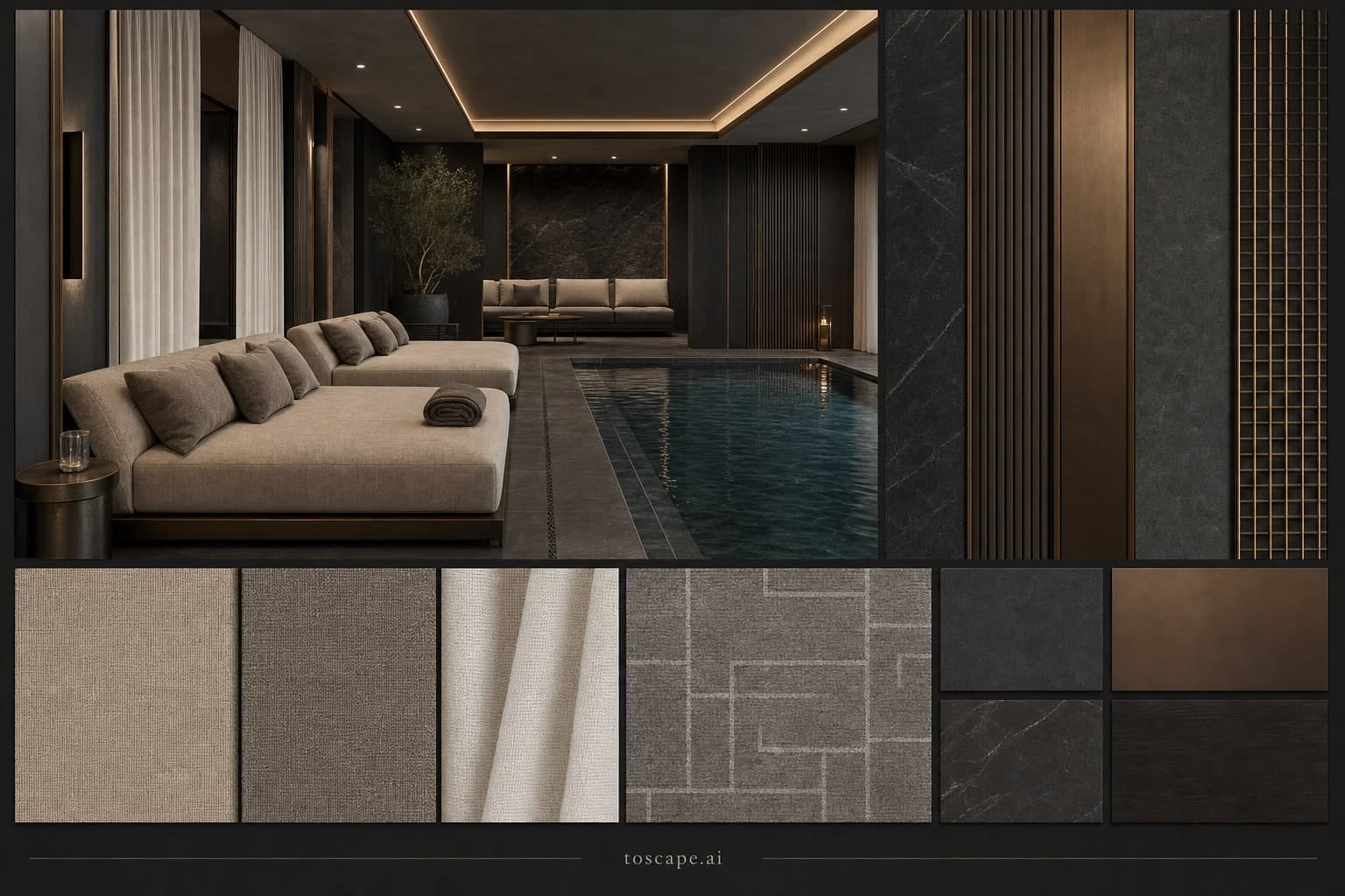 Modern Dark Luxury Pool Lounge — Satin interior moodboard plate
