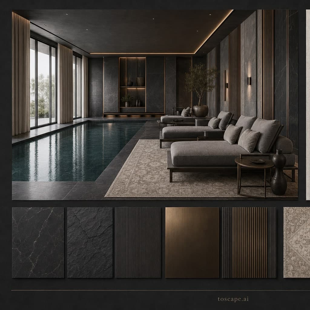 Modern Dark Luxury Pool Lounge — Honed Stone interior moodboard card