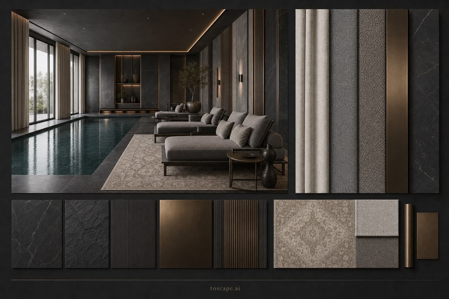 Modern Dark Luxury Pool Lounge — Honed Stone interior moodboard plate