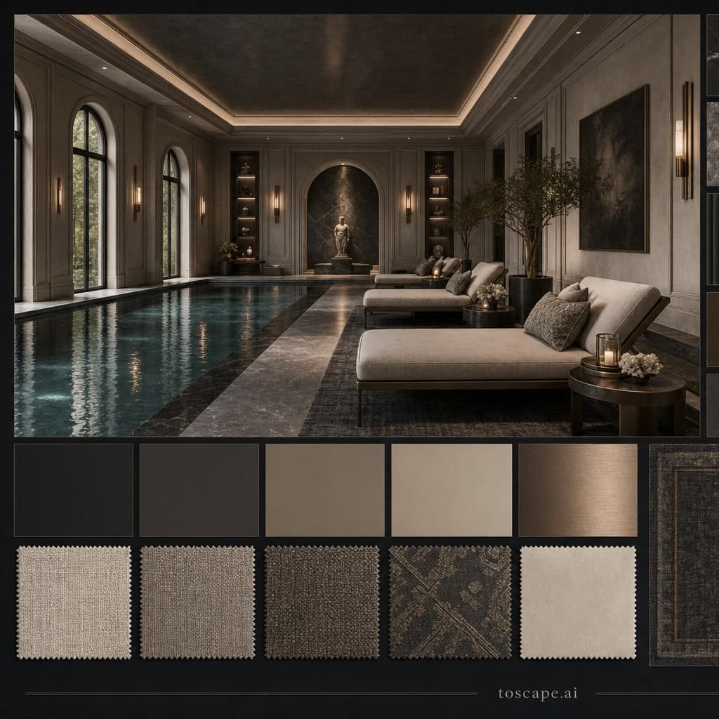Neoclassic Dark Luxury Pool Lounge — Honed Stone interior moodboard card