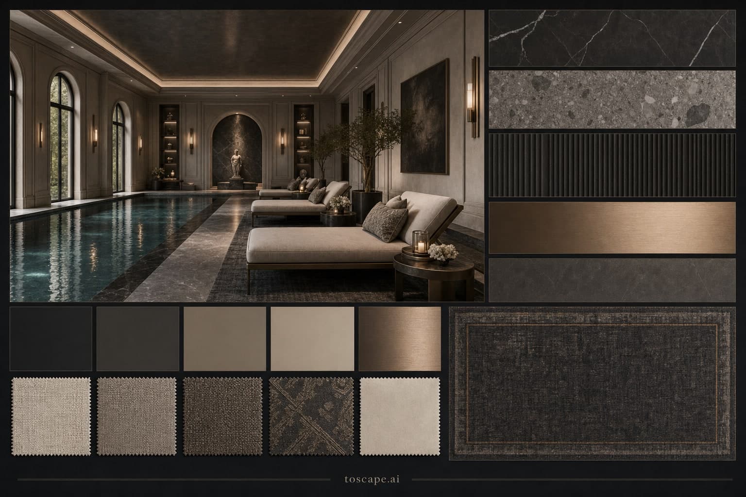 Neoclassic Dark Luxury Pool Lounge — Honed Stone interior moodboard plate