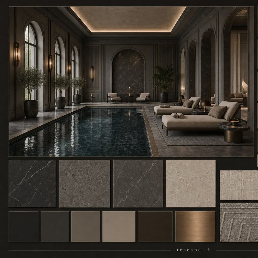 Neoclassic Dark Luxury Pool Lounge — Matte interior moodboard card