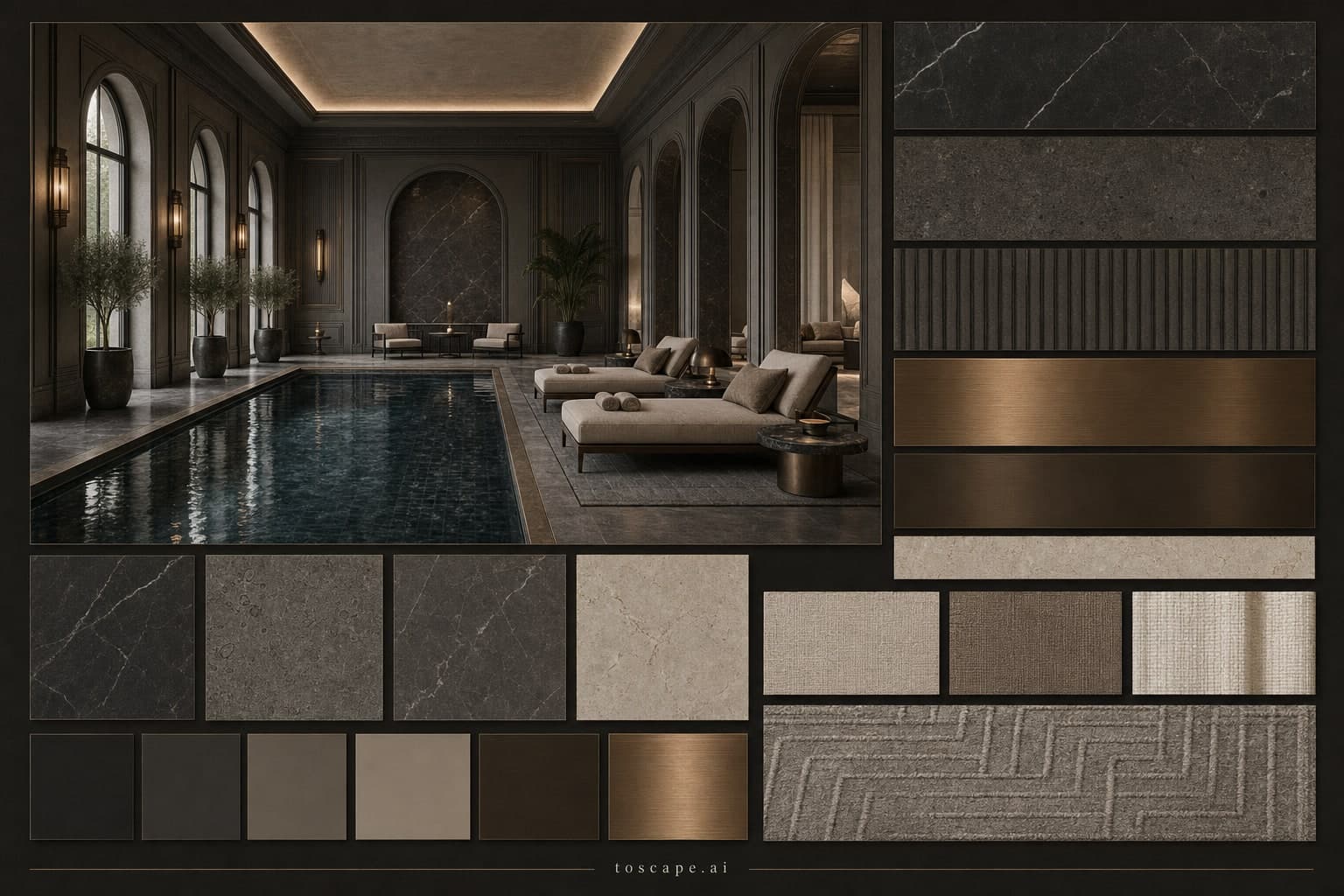 Neoclassic Dark Luxury Pool Lounge — Matte interior moodboard plate