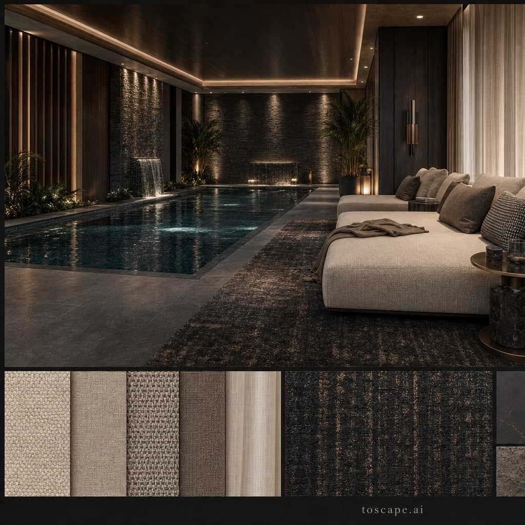 Modern Dark Luxury Pool Lounge — Brushed Metal interior moodboard card