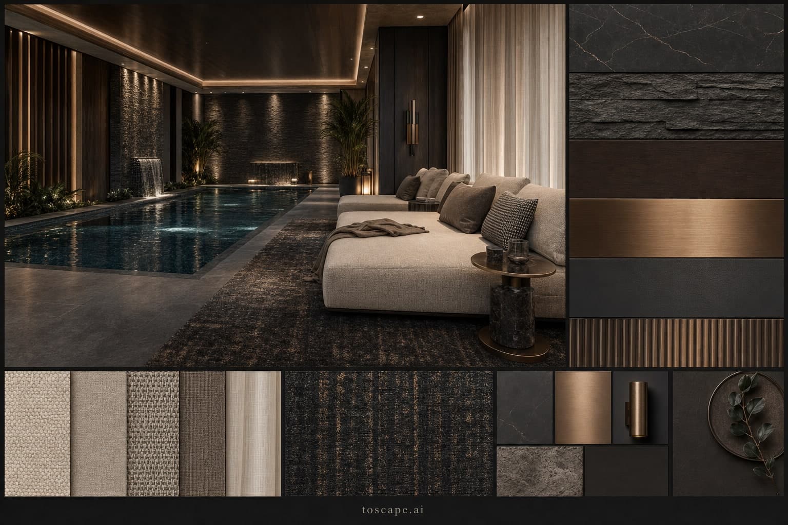 Modern Dark Luxury Pool Lounge — Brushed Metal interior moodboard plate