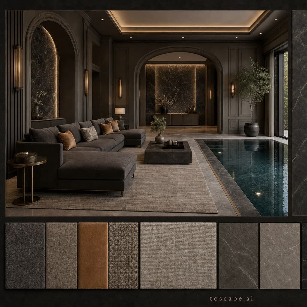 Neoclassic Dark Luxury Pool Lounge — Brushed Metal interior moodboard card