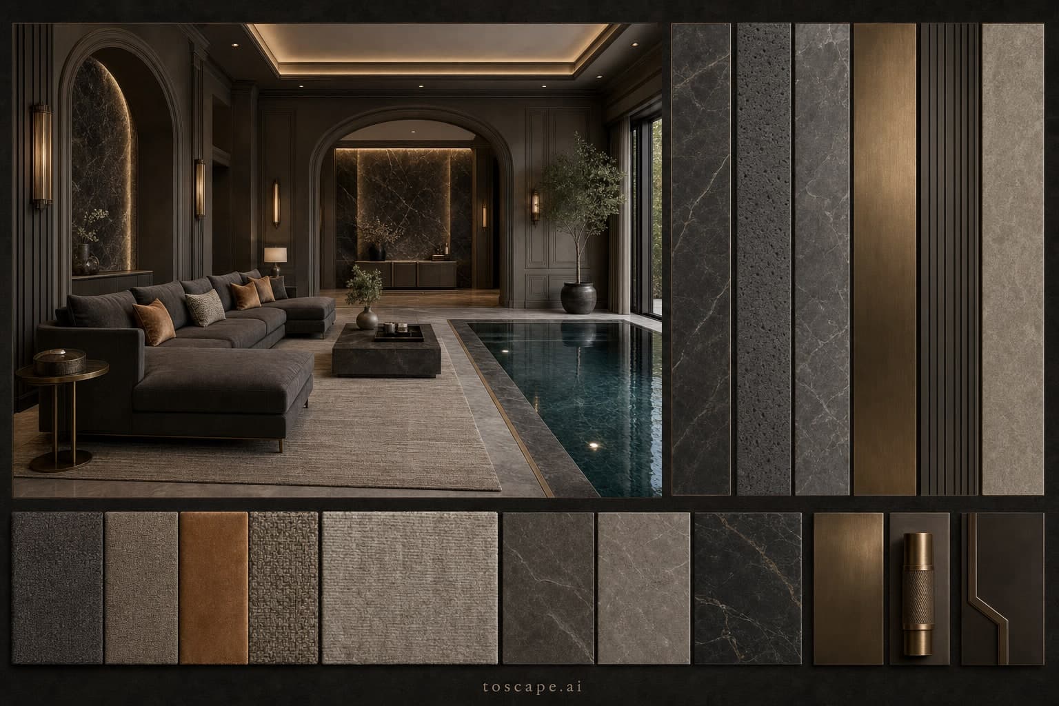 Neoclassic Dark Luxury Pool Lounge — Brushed Metal interior moodboard plate