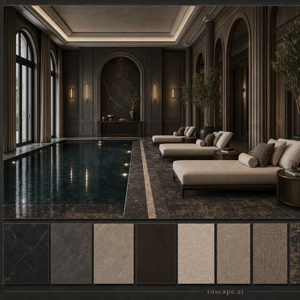 Neoclassic Dark Luxury Pool Lounge — Honed Stone interior moodboard card
