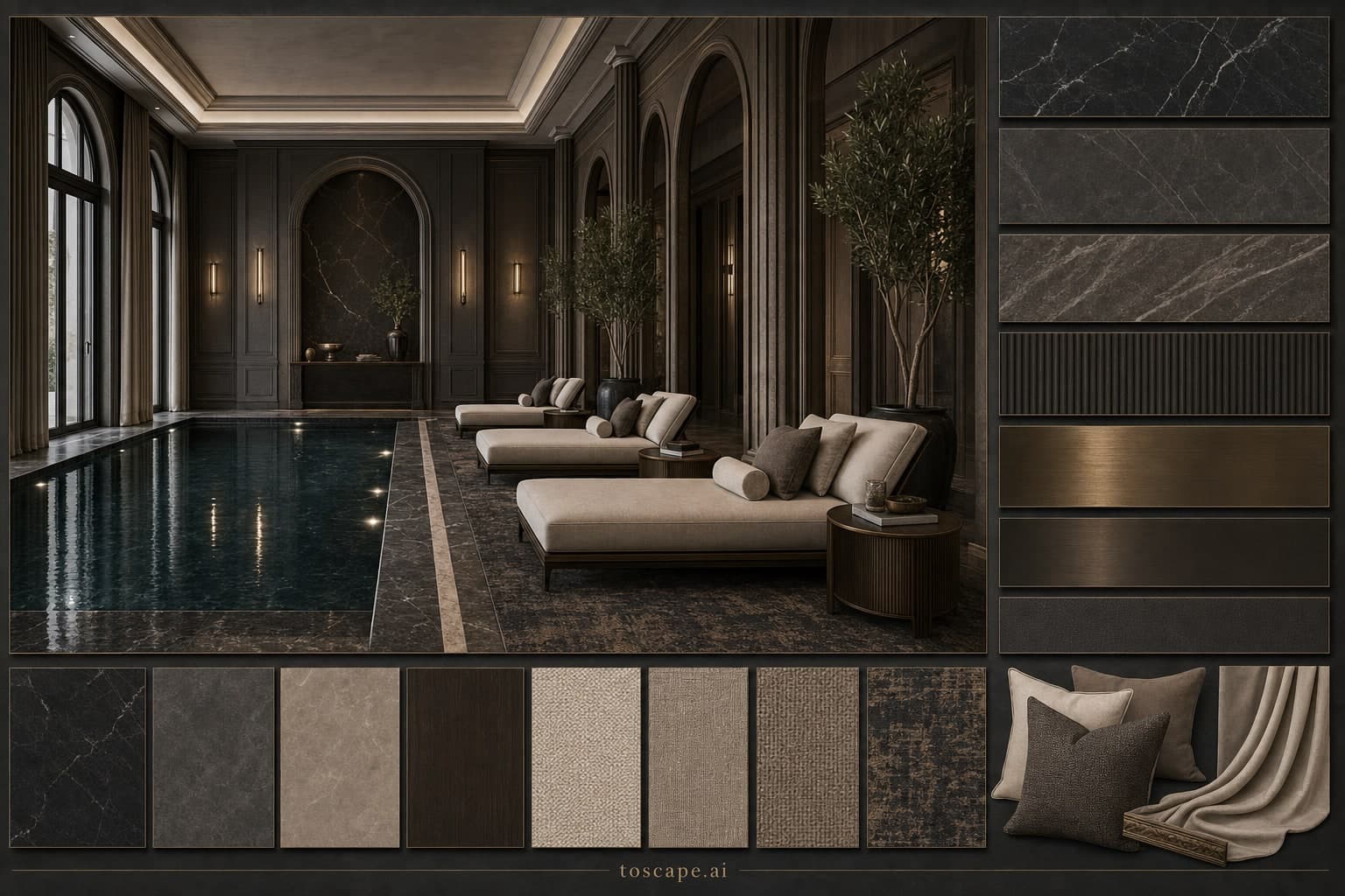 Neoclassic Dark Luxury Pool Lounge — Honed Stone interior moodboard plate