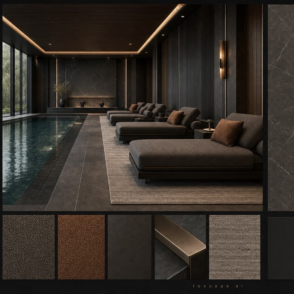 Modern Dark Luxury Pool Lounge — Matte interior moodboard card