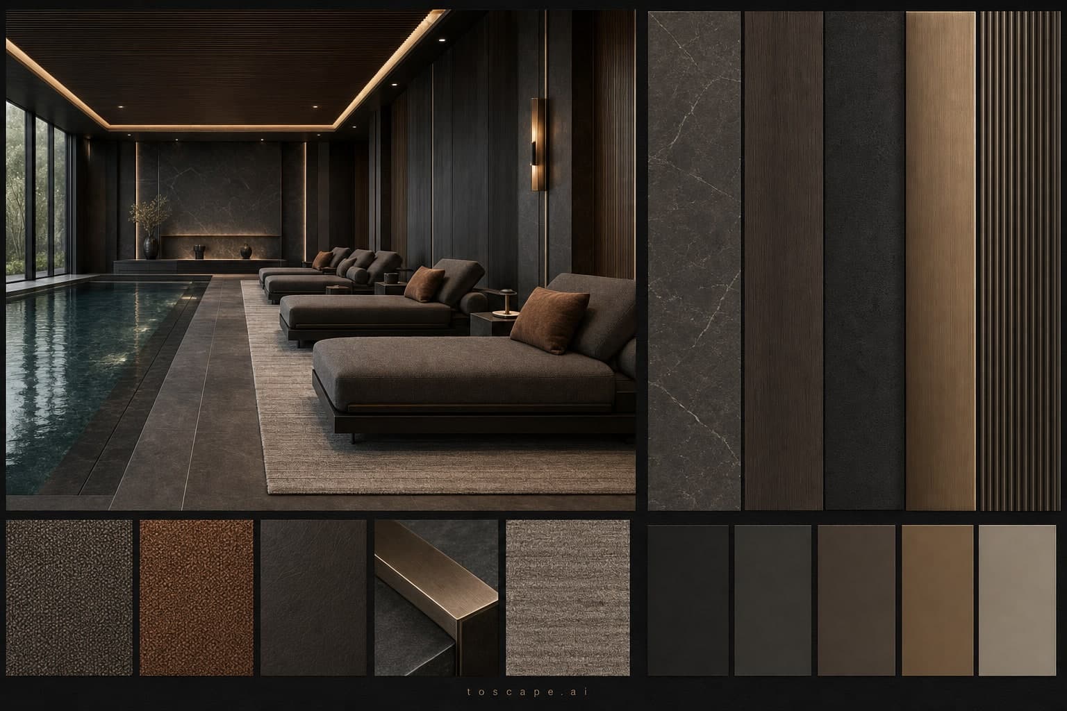 Modern Dark Luxury Pool Lounge — Matte interior moodboard plate