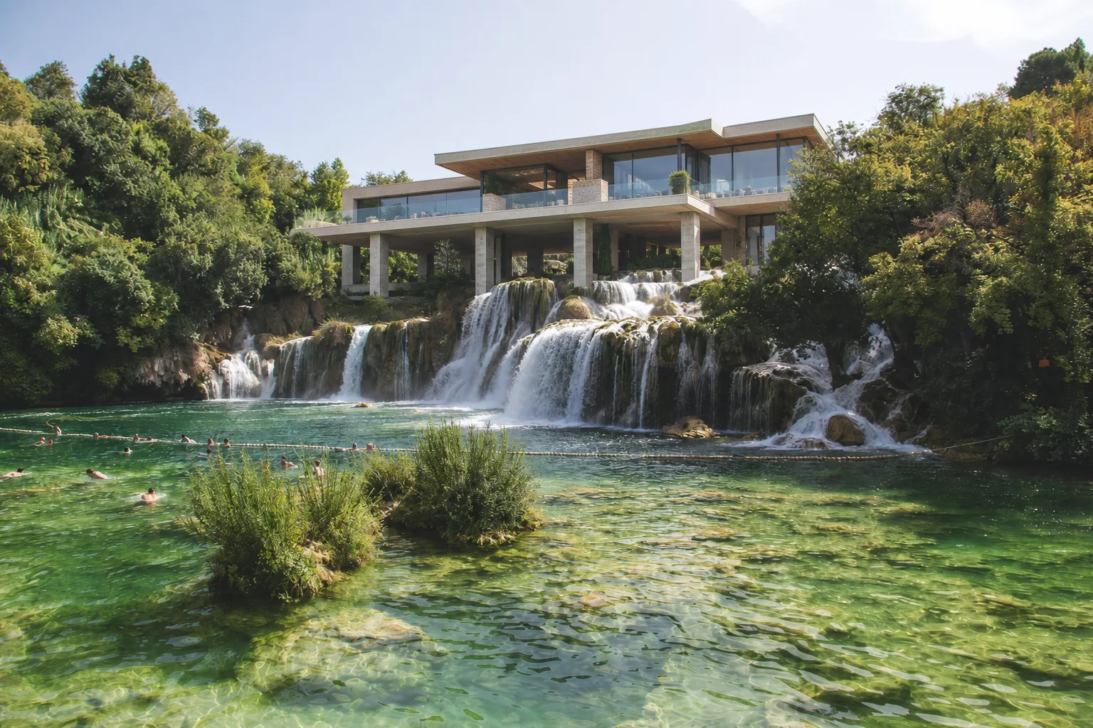 Cliffside Pavilion Above the Waterfalls ΓÇö exterior architectural image showing nature-integrated contemporary, exterior, organic spatial flow.