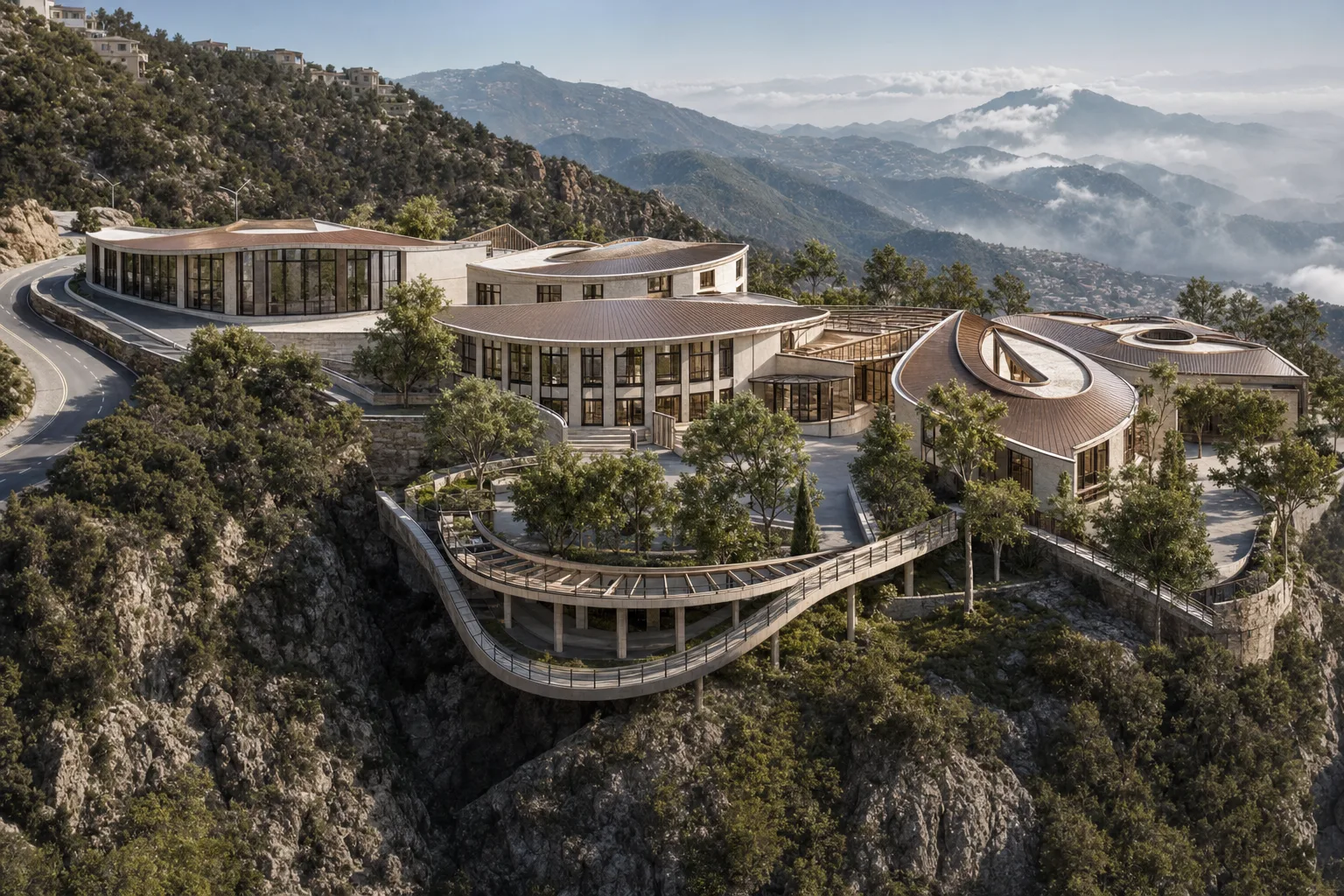 Clifftop Curvilinear Cultural Complex in Mountain Landscape ΓÇö exterior architectural image showing nature-integrated contemporary, exterior, organic spatial flow.