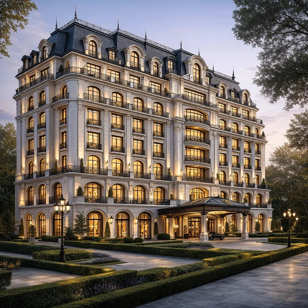 Neoclassical Elegance in Urban Context — exterior architectural image showing contemporary neo-islamic, exterior, arched openings.