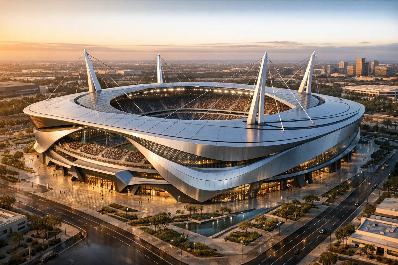 Contemporary Stadium with Dynamic Tectonic Expression — exterior architectural image showing contemporary minimal, exterior, monolithic volumes.