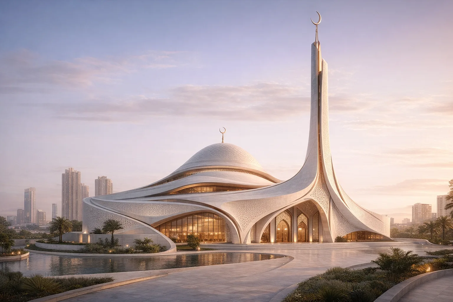 Contemporary Mosque with Fluid Tectonics 403126 — exterior architectural image showing contemporary neo-islamic, exterior, arched openings.