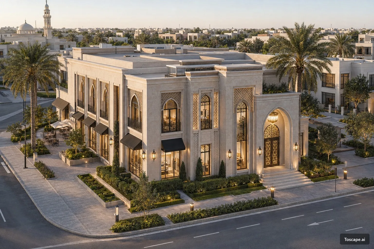 Classical Revival Commercial Structure with Islamic Influences — exterior architectural image showing contemporary neo-islamic, exterior, arched openings.