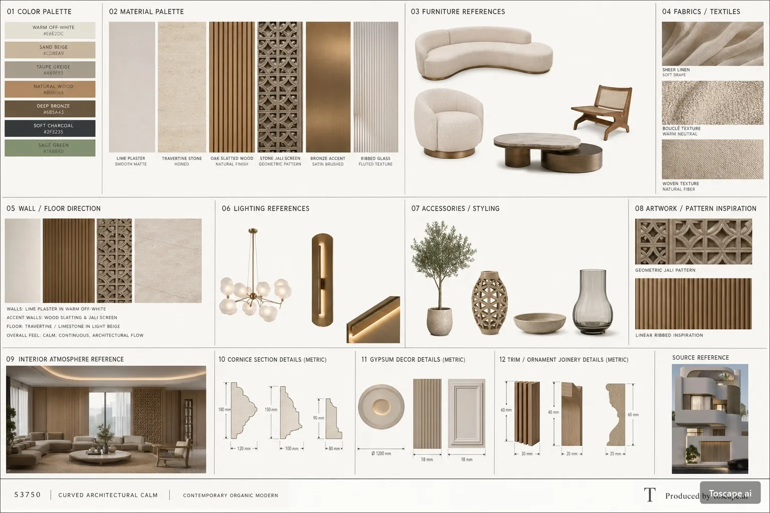 Curated Architectural Calm with Organic Modern Elements — moodboard architectural image showing contemporary minimal, facade elements, monolithic volumes.