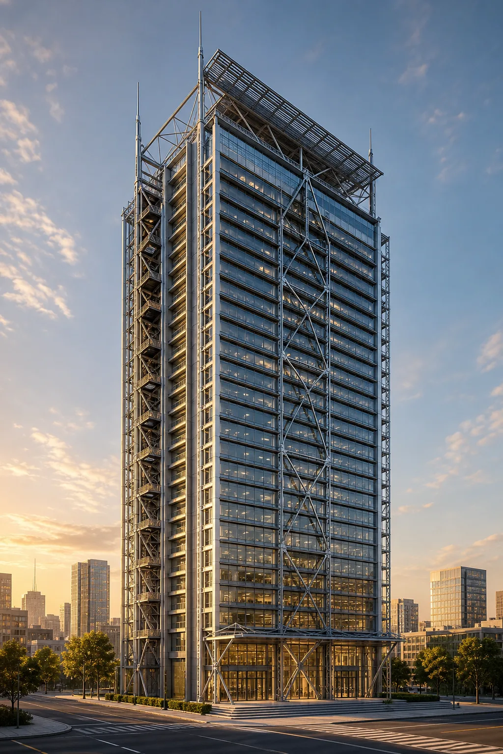 Exposed Steel High-Rise with Diagrid Bracing and Solar Crown ΓÇö exterior architectural image showing contemporary fusion, exterior, balanced massing.