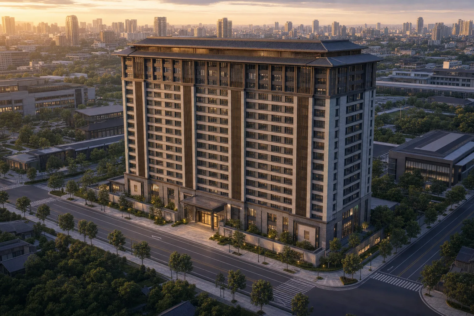 Hybrid Courtyard Tower with Neo-Classical East Asian Tectonics ΓÇö exterior architectural image showing contemporary minimal, exterior, monolithic volumes.