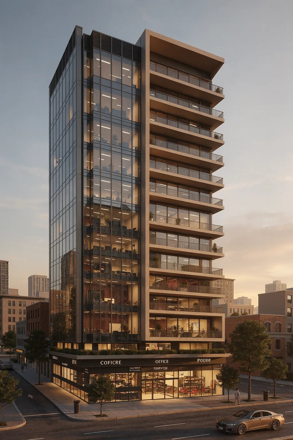 Hybrid Slab-and-Glass Mixed-Use Tower at Urban Corner ΓÇö exterior architectural image showing contemporary minimal, exterior, monolithic volumes.