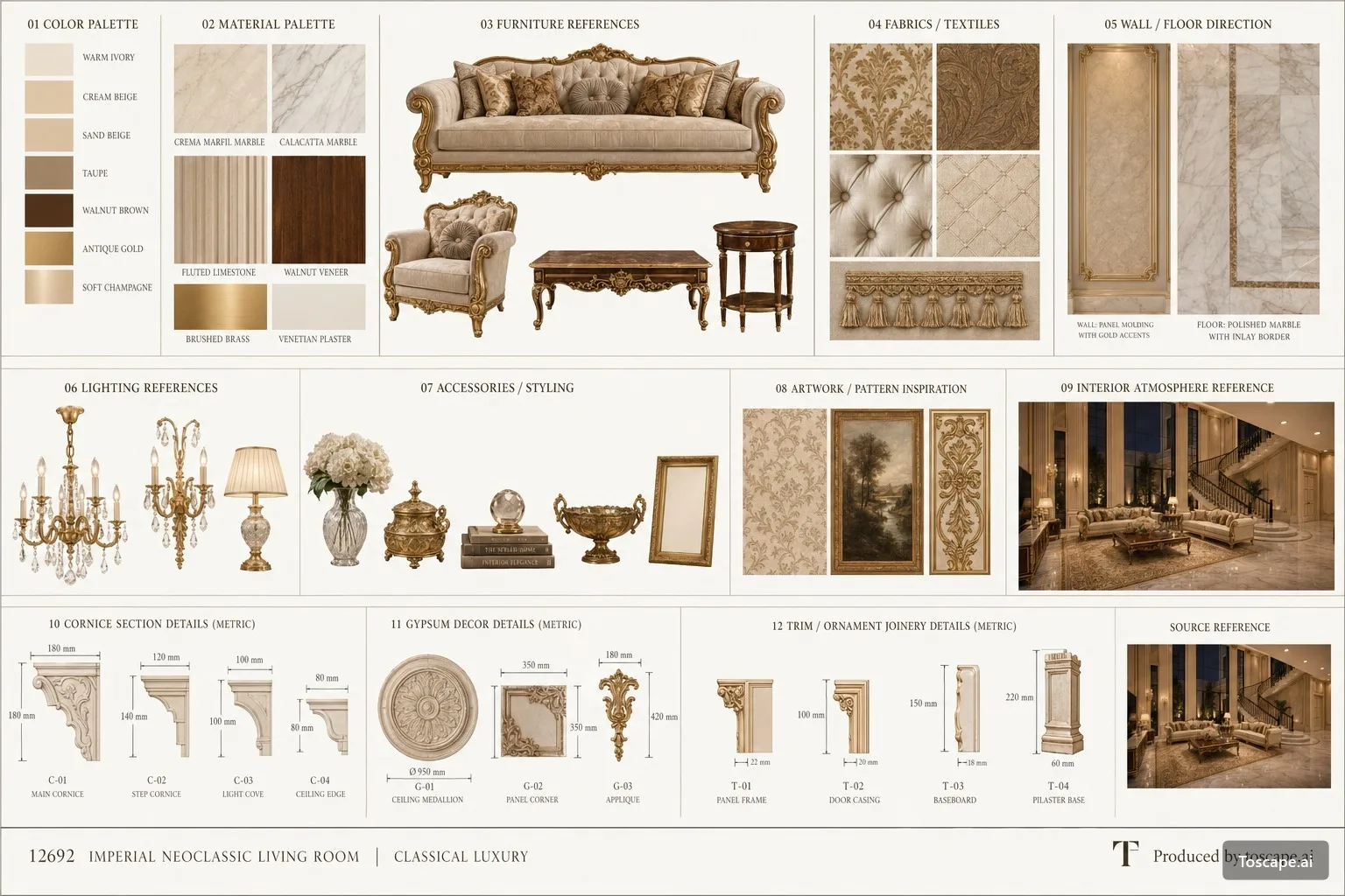 Imperial Neoclassic Living Room Moodboard — moodboard architectural image showing neo-classical, facade elements, symmetrical composition.