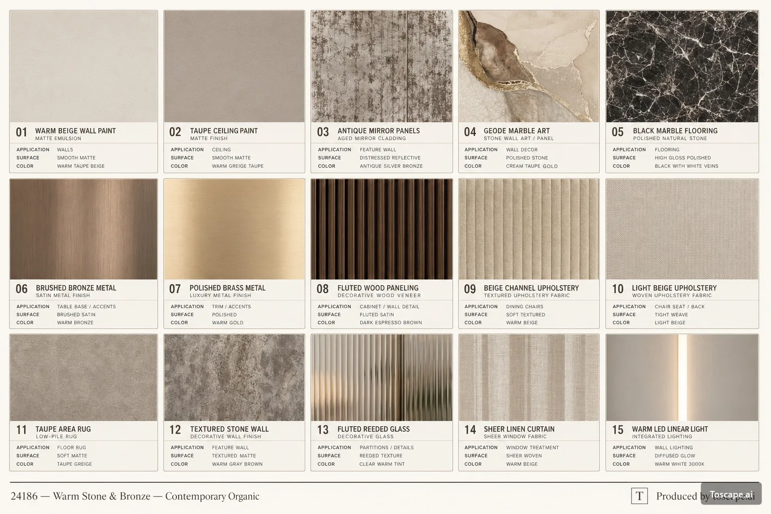 Warm Stone and Bronze Interior Finishes Collection — texture's architectural image showing nature-integrated contemporary, interior finishes, organic spatial flow.