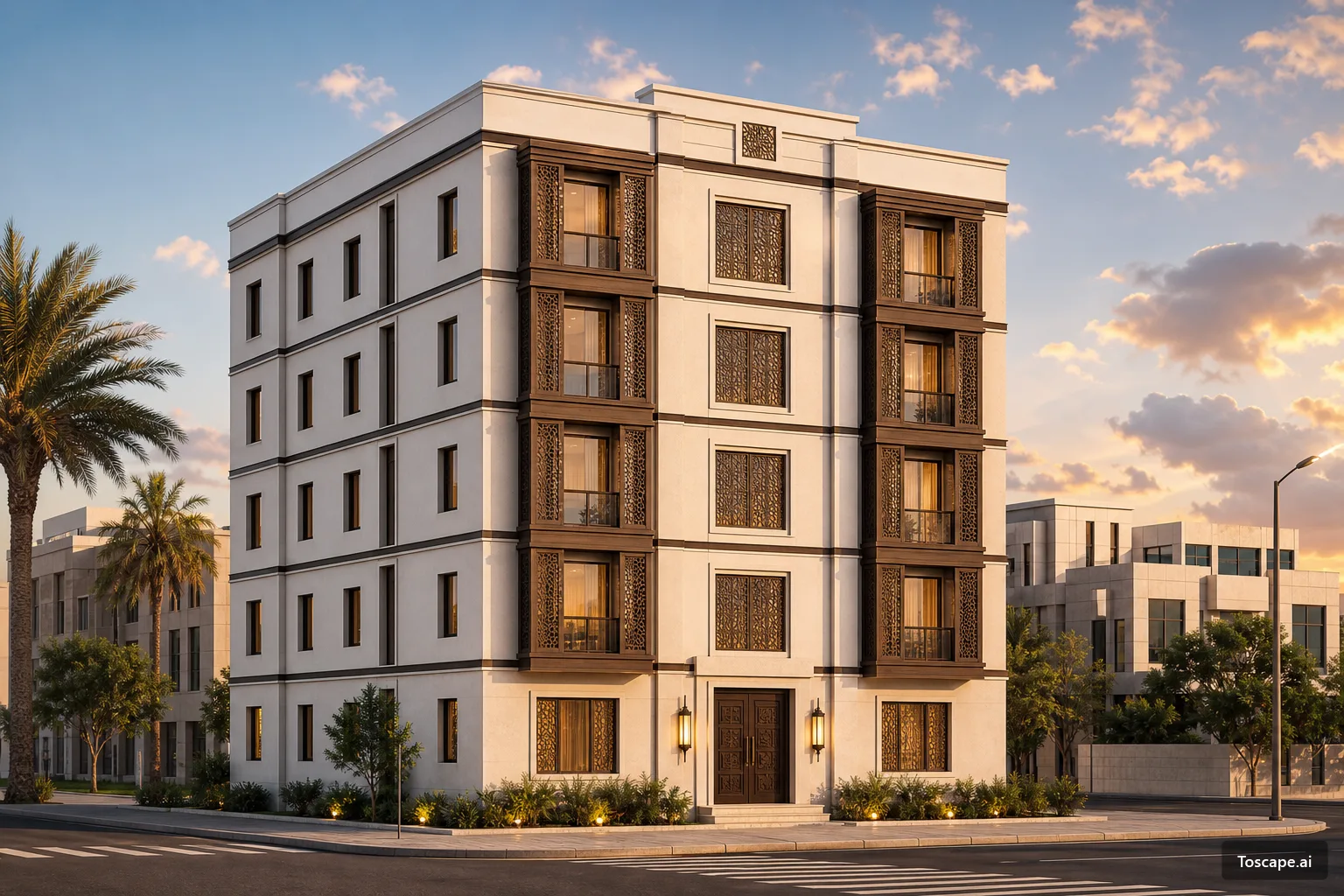 Mid‑Rise Residential Block with Vertical Mashrabiya Datum ΓÇö exterior architectural image showing contemporary neo-islamic, exterior, arched openings.