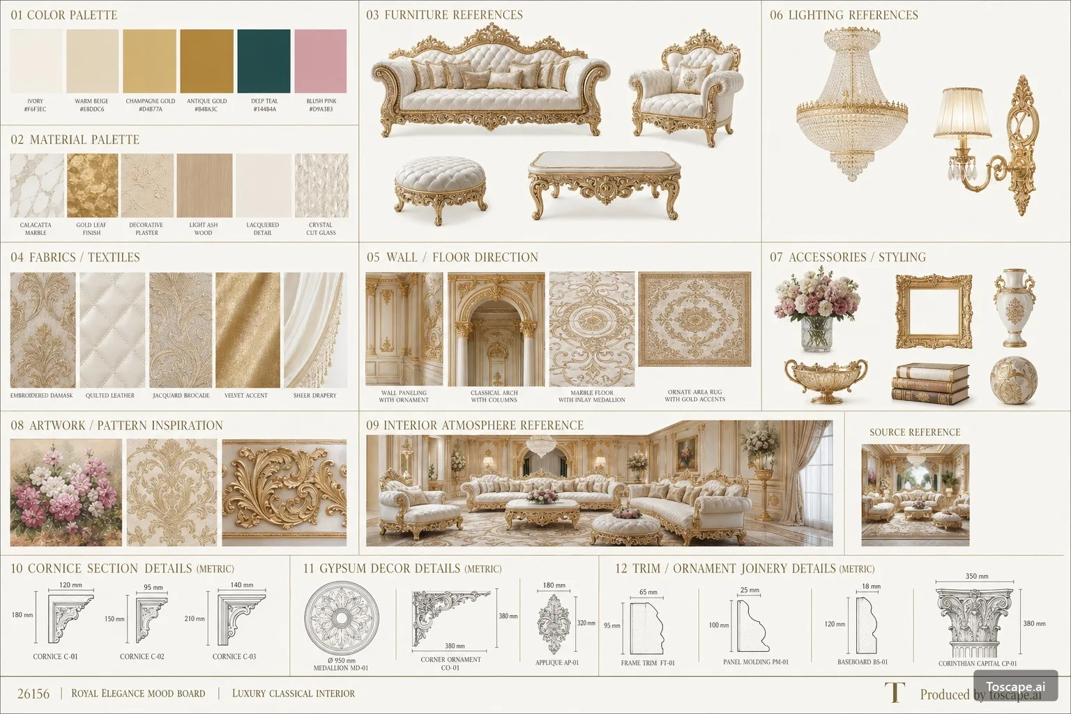 Royal Elegance: A Luxury Classical Interior Moodboard — moodboard architectural image showing contemporary neo-islamic, facade elements, arched openings.