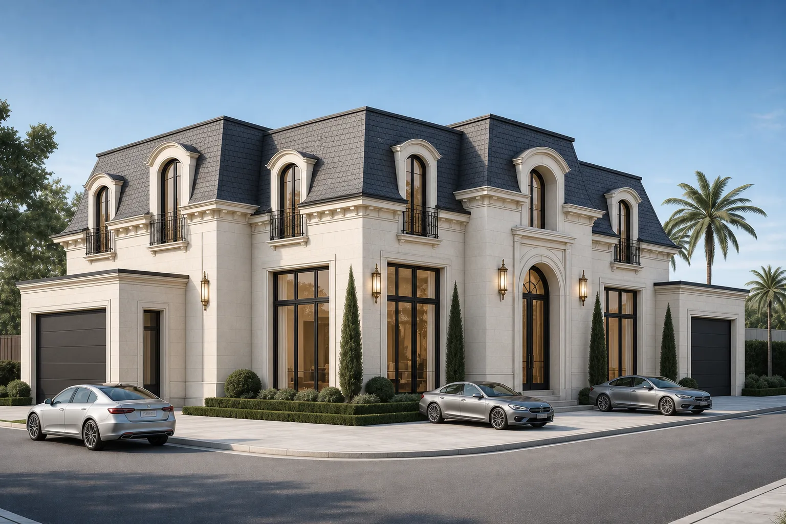 Neo-Mansard Villa with Symmetrical Courtyard Frontage ΓÇö exterior architectural image showing contemporary neo-islamic, exterior, arched openings.