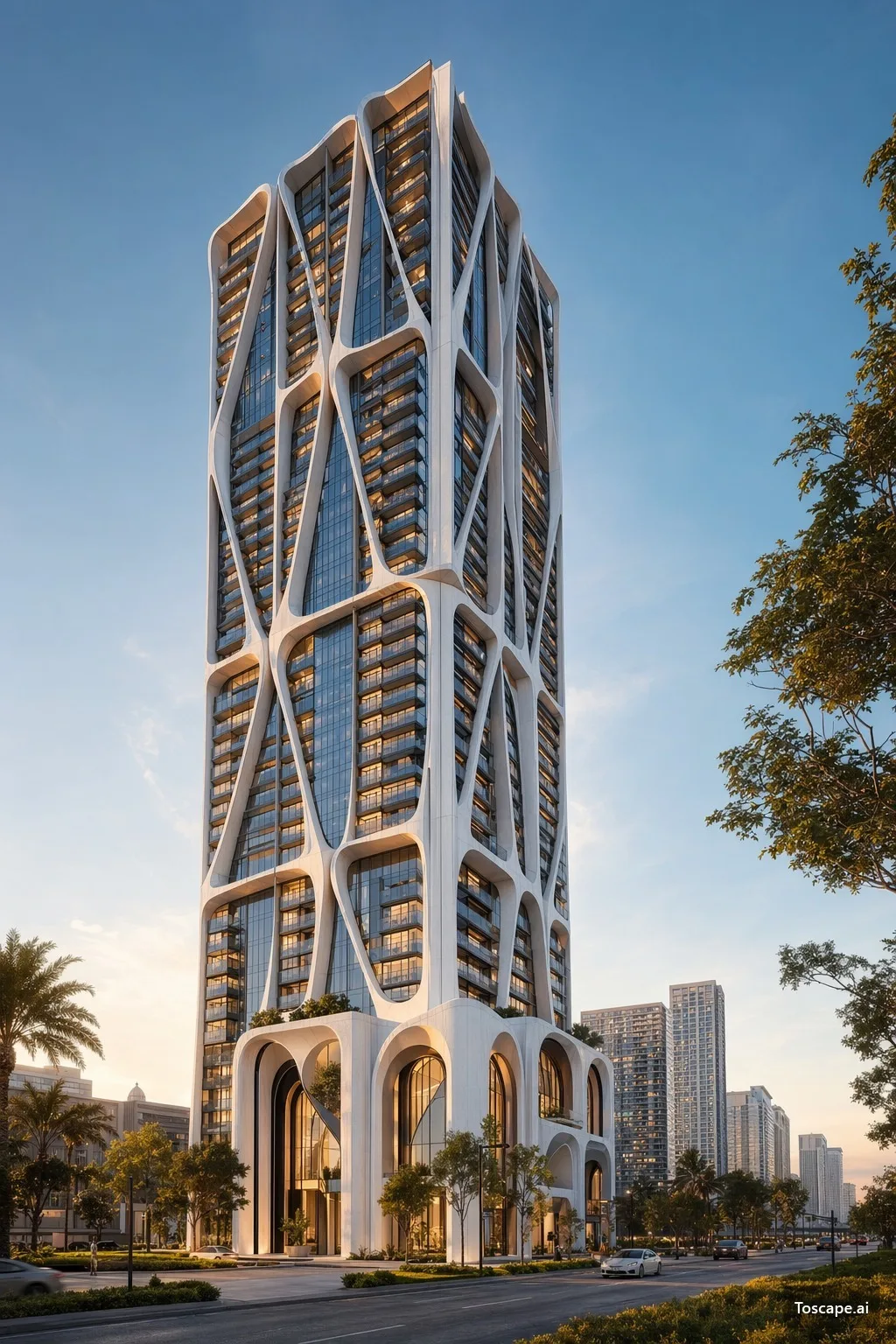 Parametric High-Rise with Exoskeletal Facade — exterior architectural image showing brutalist contemporary, exterior, expressive concrete blocks.