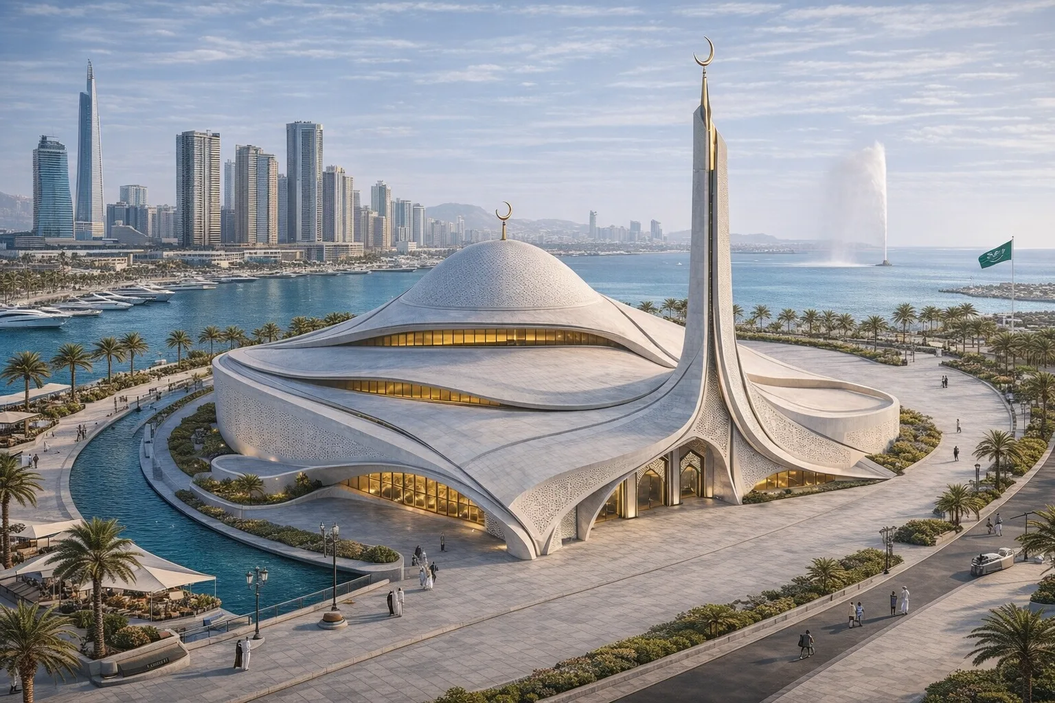 Contemporary Mosque with Fluid Tectonics — exterior architectural image showing contemporary neo-islamic, exterior, arched openings.