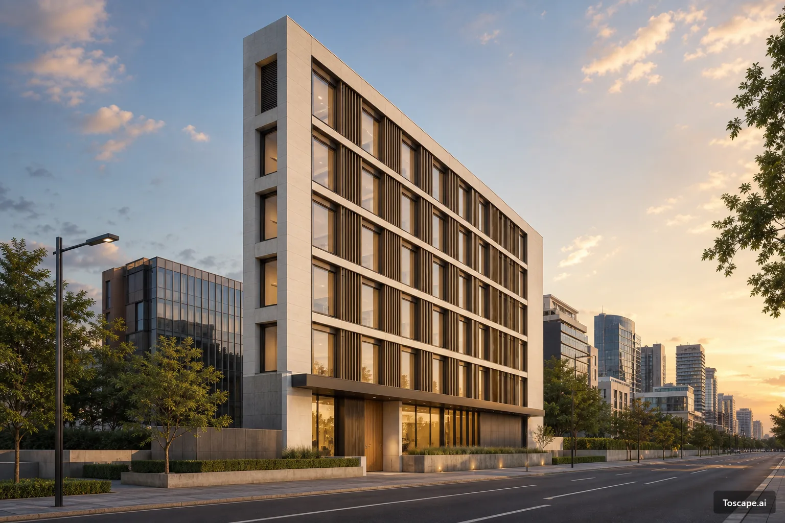 Stone-Framed Midrise with Rhythmic Vertical Fins on Urban Boulevard ΓÇö exterior architectural image showing contemporary minimal, exterior, monolithic volumes.