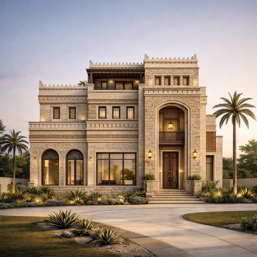 Stone-Cut Courtyard Villa with Neo-Vernacular Arabesque Facade ΓÇö exterior architectural image showing contemporary neo-islamic, exterior, arched openings.